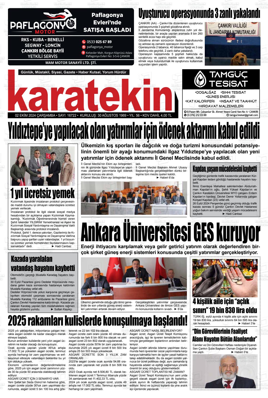 02 Ekim 2024 Karatekin Gazete Manşeti