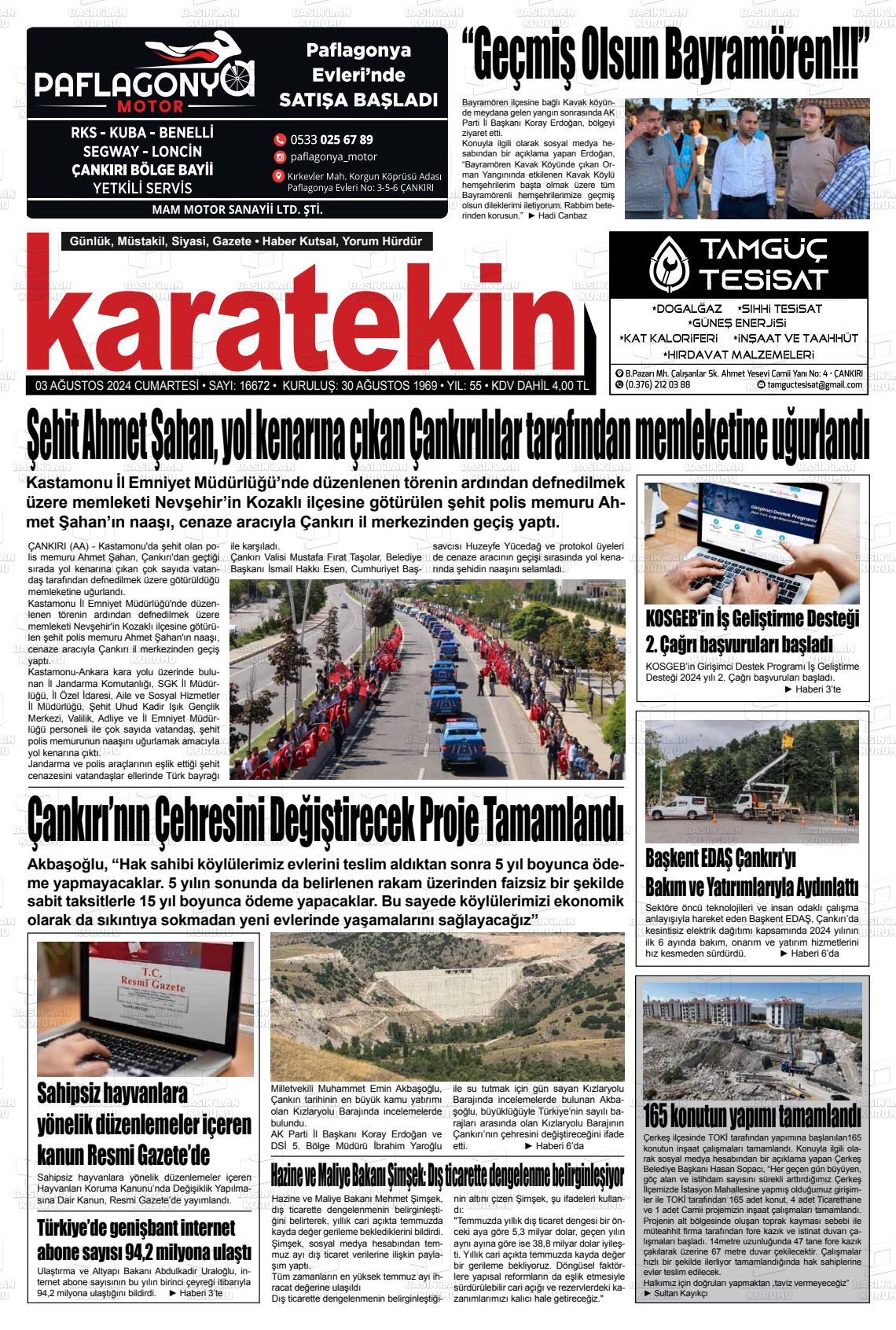 03 Ağustos 2024 Karatekin Gazete Manşeti