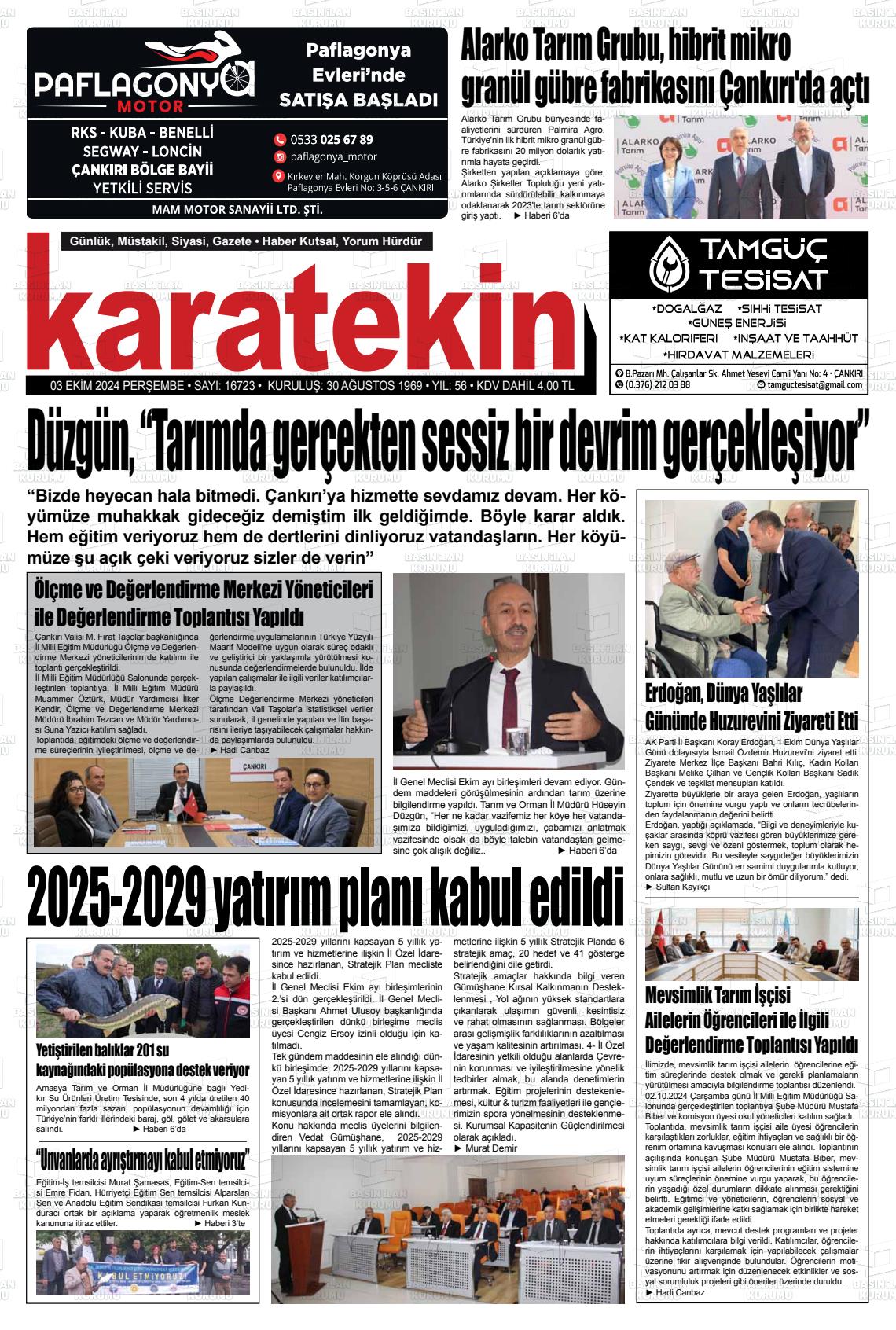 03 Ekim 2024 Karatekin Gazete Manşeti