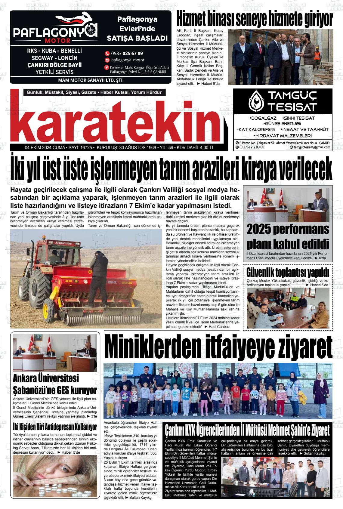 04 Ekim 2024 Karatekin Gazete Manşeti