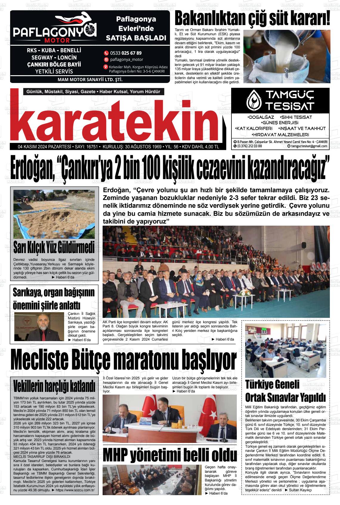 04 Kasım 2024 Karatekin Gazete Manşeti