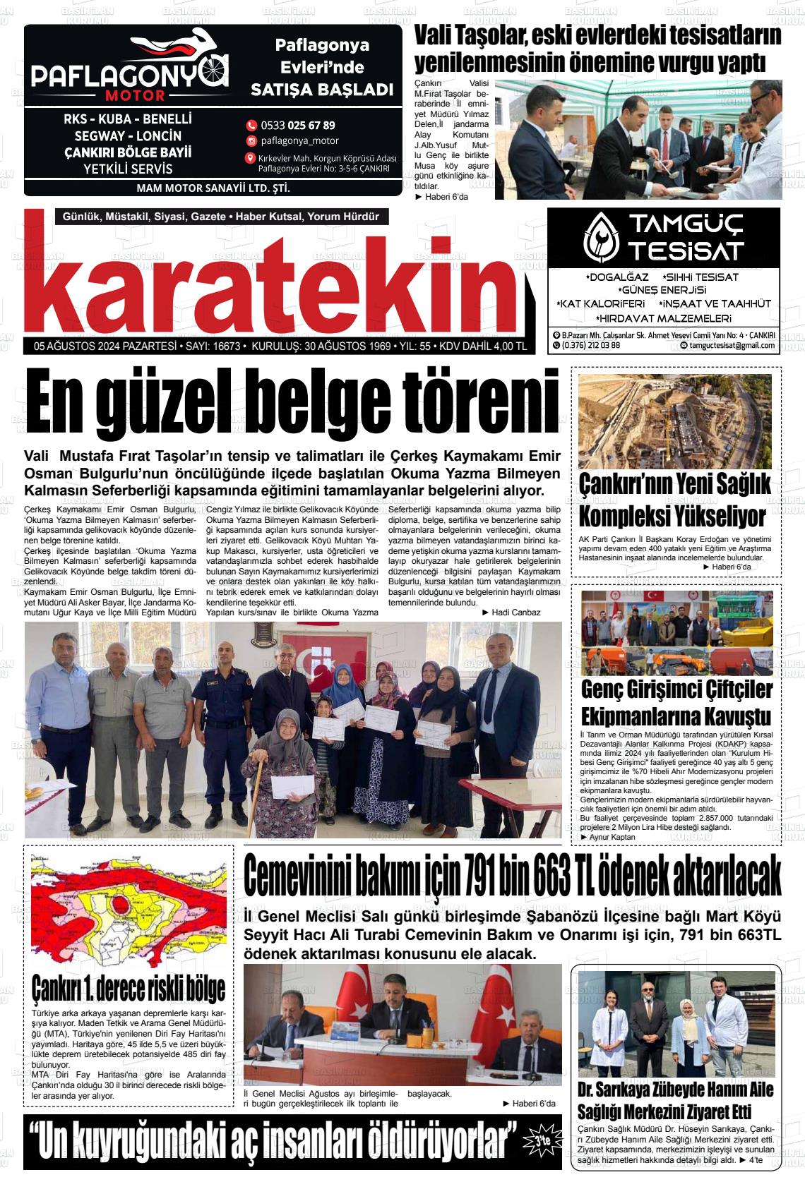 05 Ağustos 2024 Karatekin Gazete Manşeti