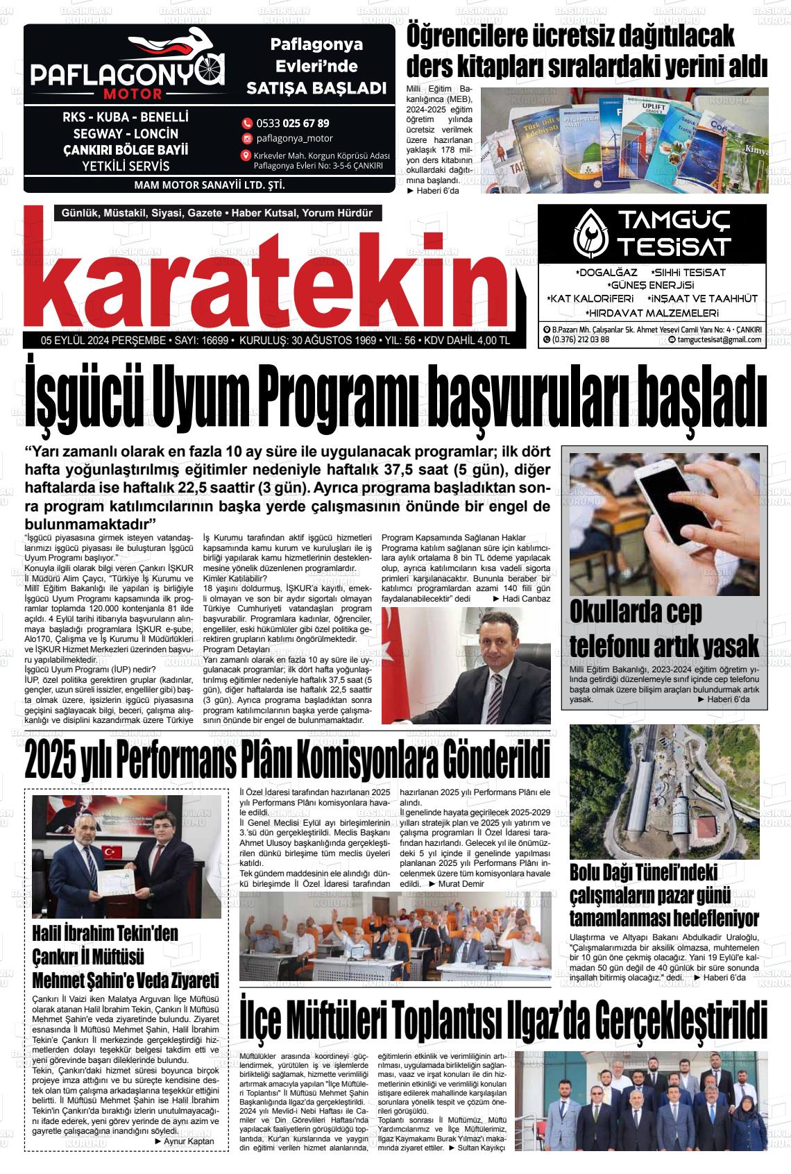 05 Eylül 2024 Karatekin Gazete Manşeti