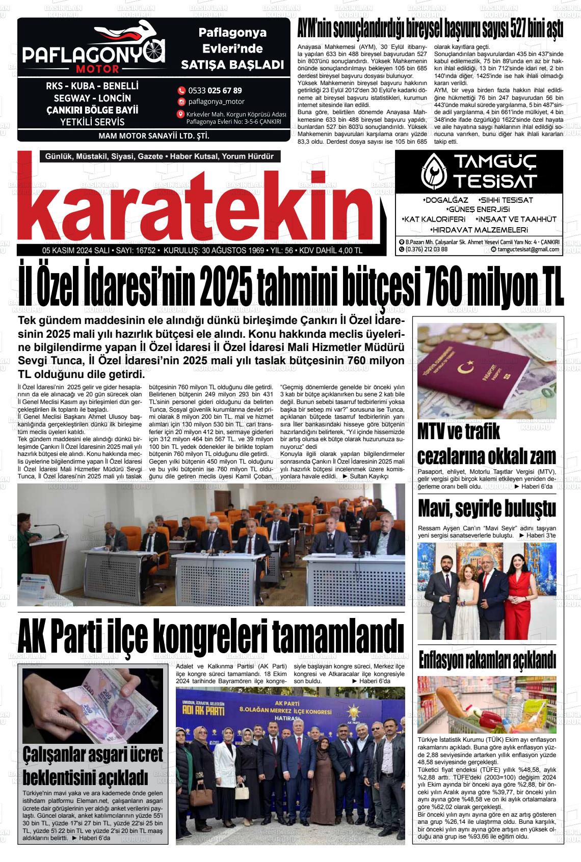 05 Kasım 2024 Karatekin Gazete Manşeti