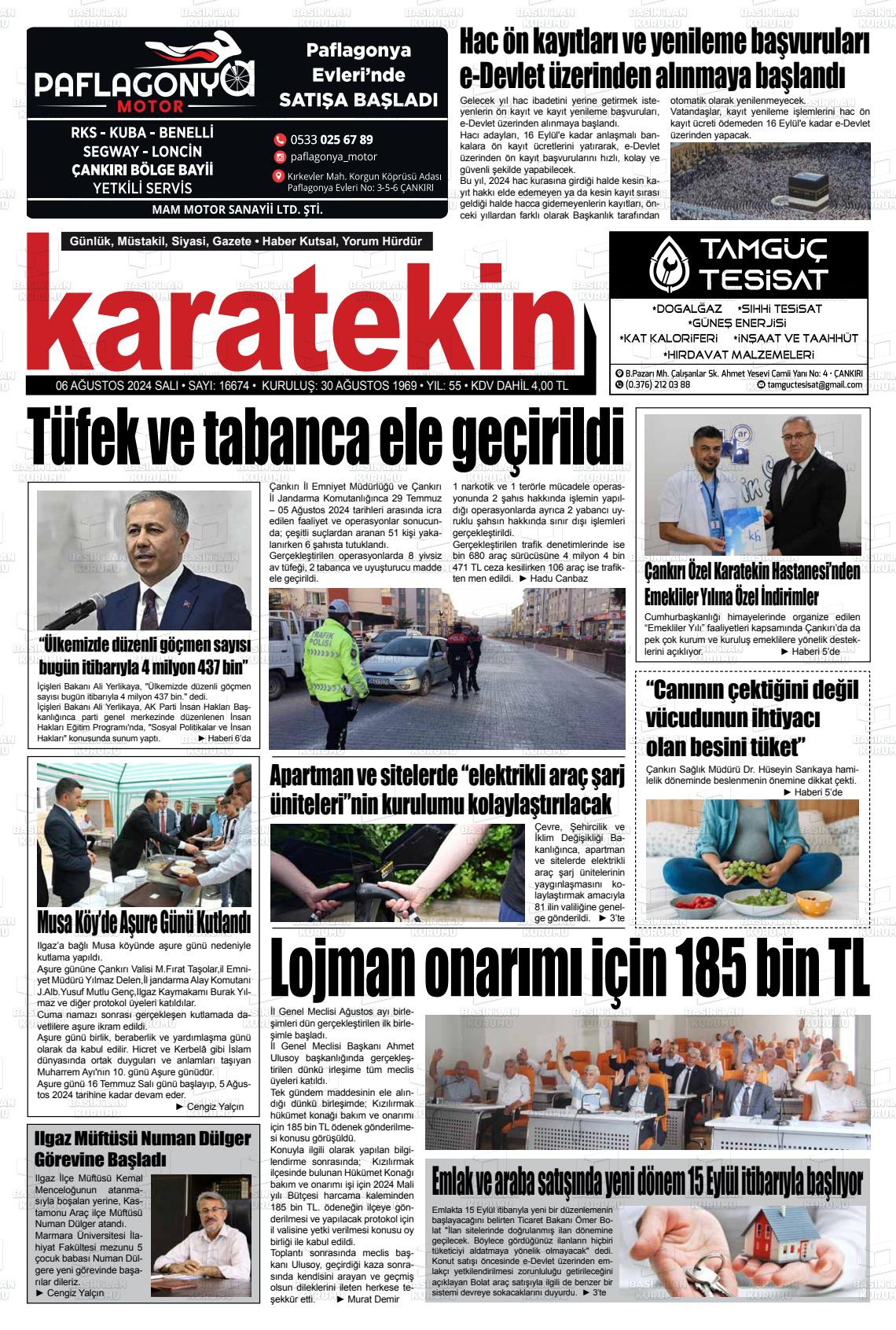 06 Ağustos 2024 Karatekin Gazete Manşeti