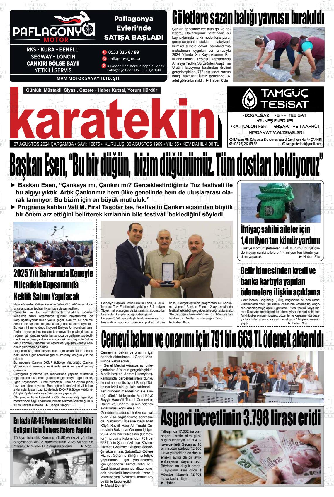 07 Ağustos 2024 Karatekin Gazete Manşeti