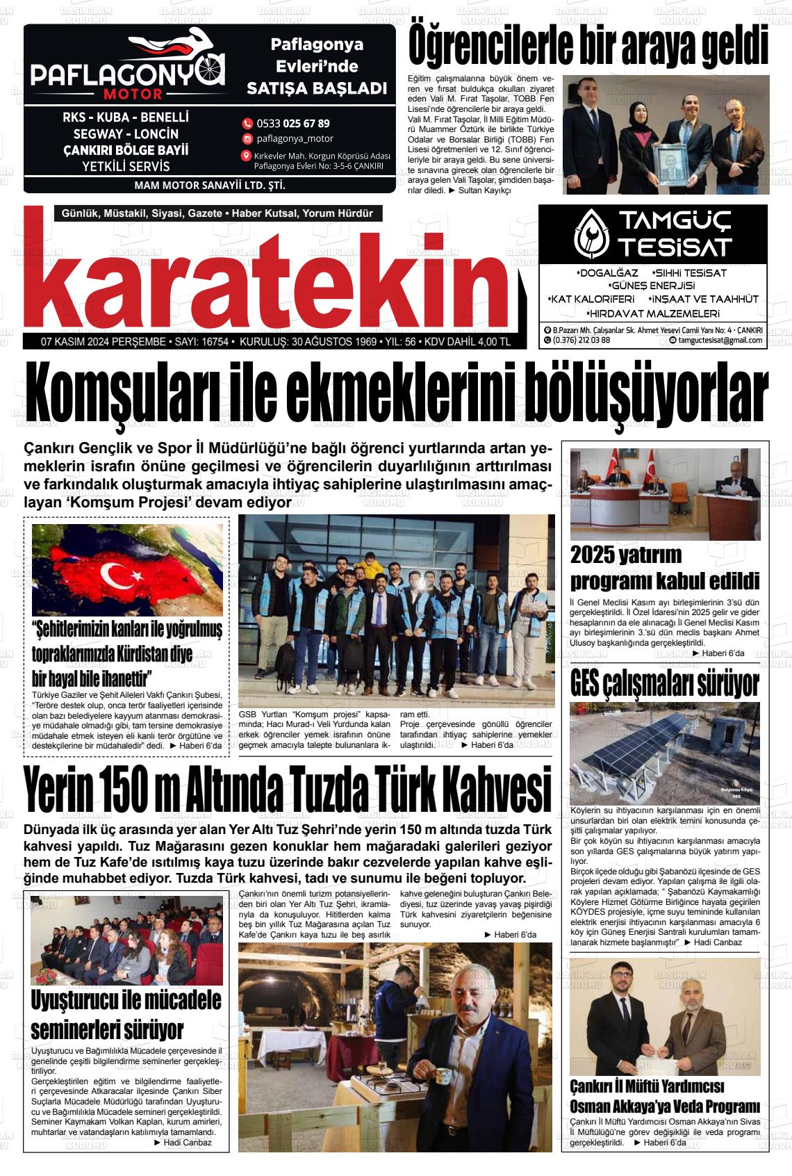 07 Kasım 2024 Karatekin Gazete Manşeti