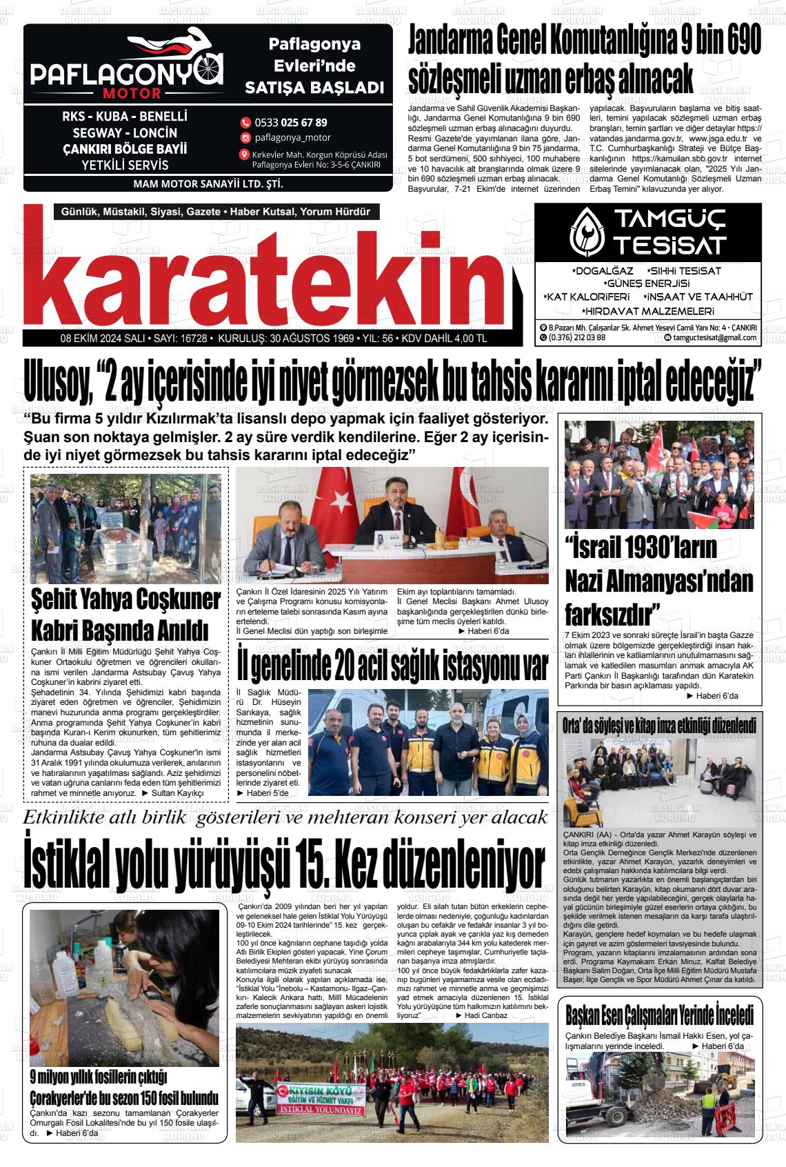 08 Ekim 2024 Karatekin Gazete Manşeti