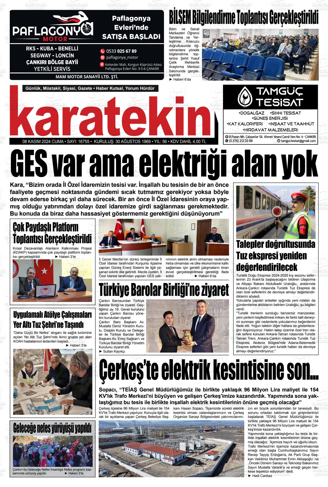 08 Kasım 2024 Karatekin Gazete Manşeti