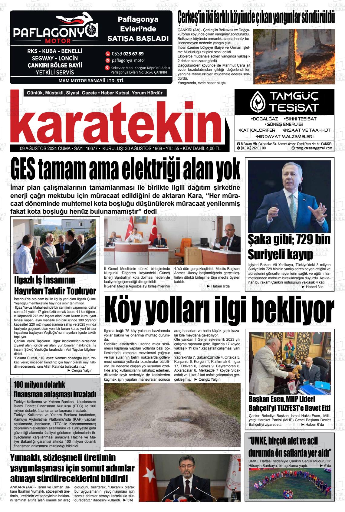 09 Ağustos 2024 Karatekin Gazete Manşeti