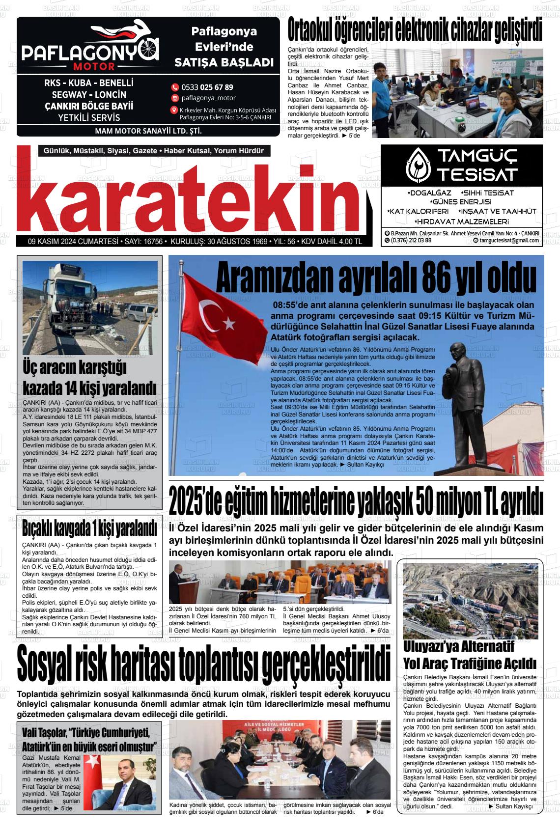 09 Kasım 2024 Karatekin Gazete Manşeti