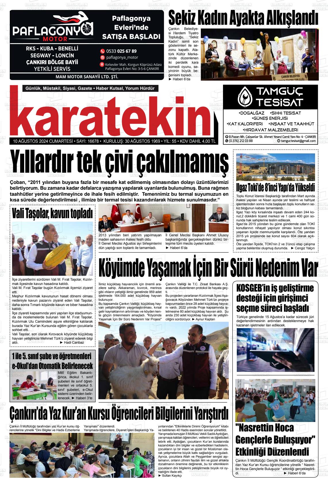 10 Ağustos 2024 Karatekin Gazete Manşeti