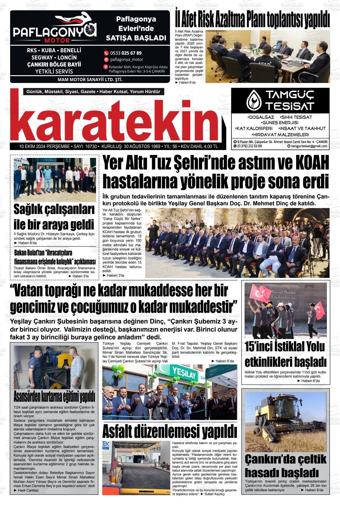 10 Ekim 2024 Karatekin Gazete Manşeti