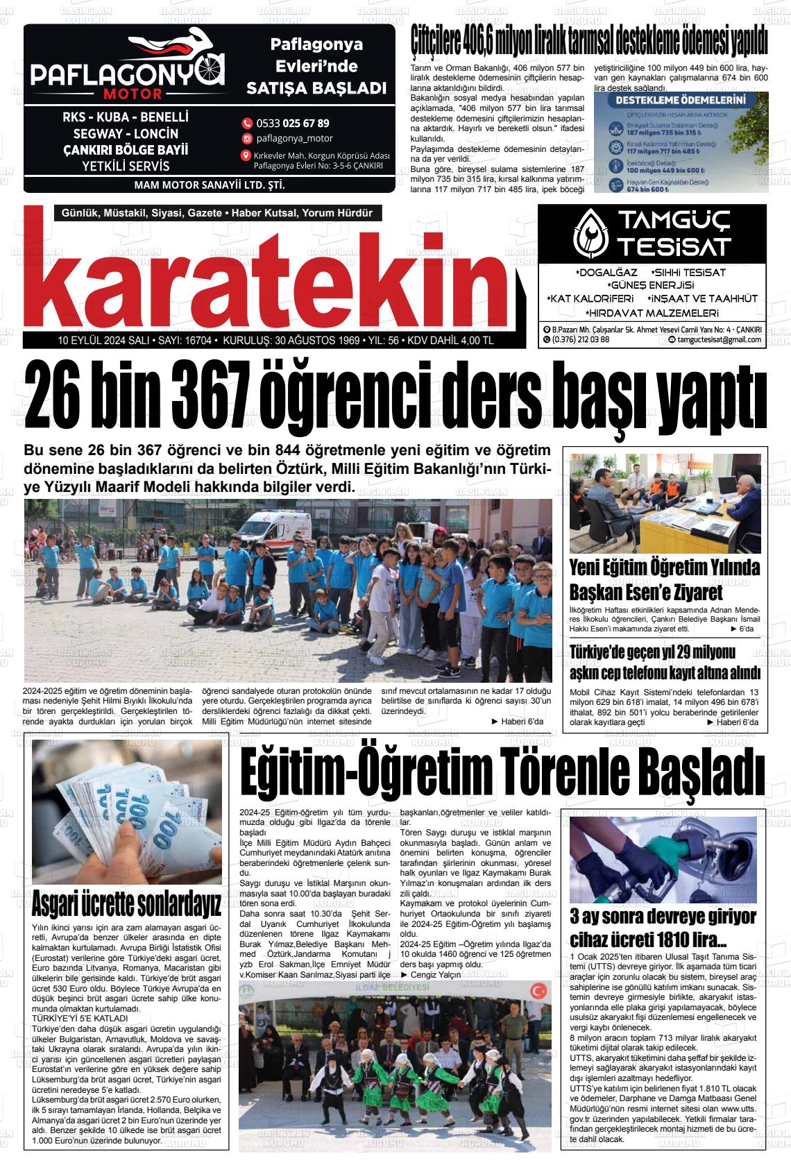 10 Eylül 2024 Karatekin Gazete Manşeti