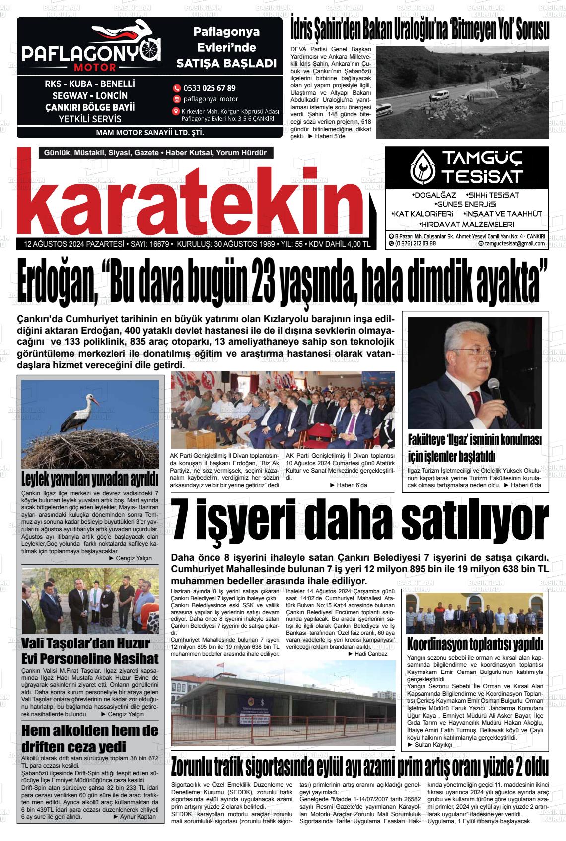 12 Ağustos 2024 Karatekin Gazete Manşeti