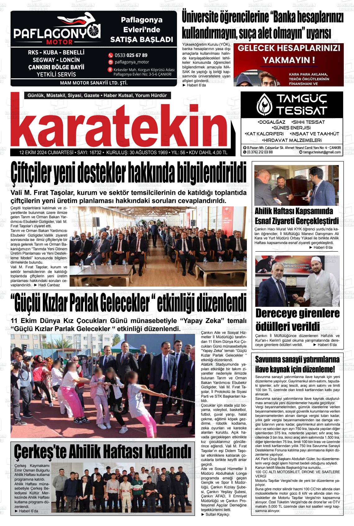 12 Ekim 2024 Karatekin Gazete Manşeti