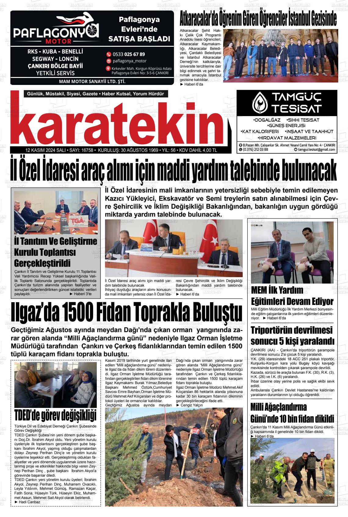 12 Kasım 2024 Karatekin Gazete Manşeti