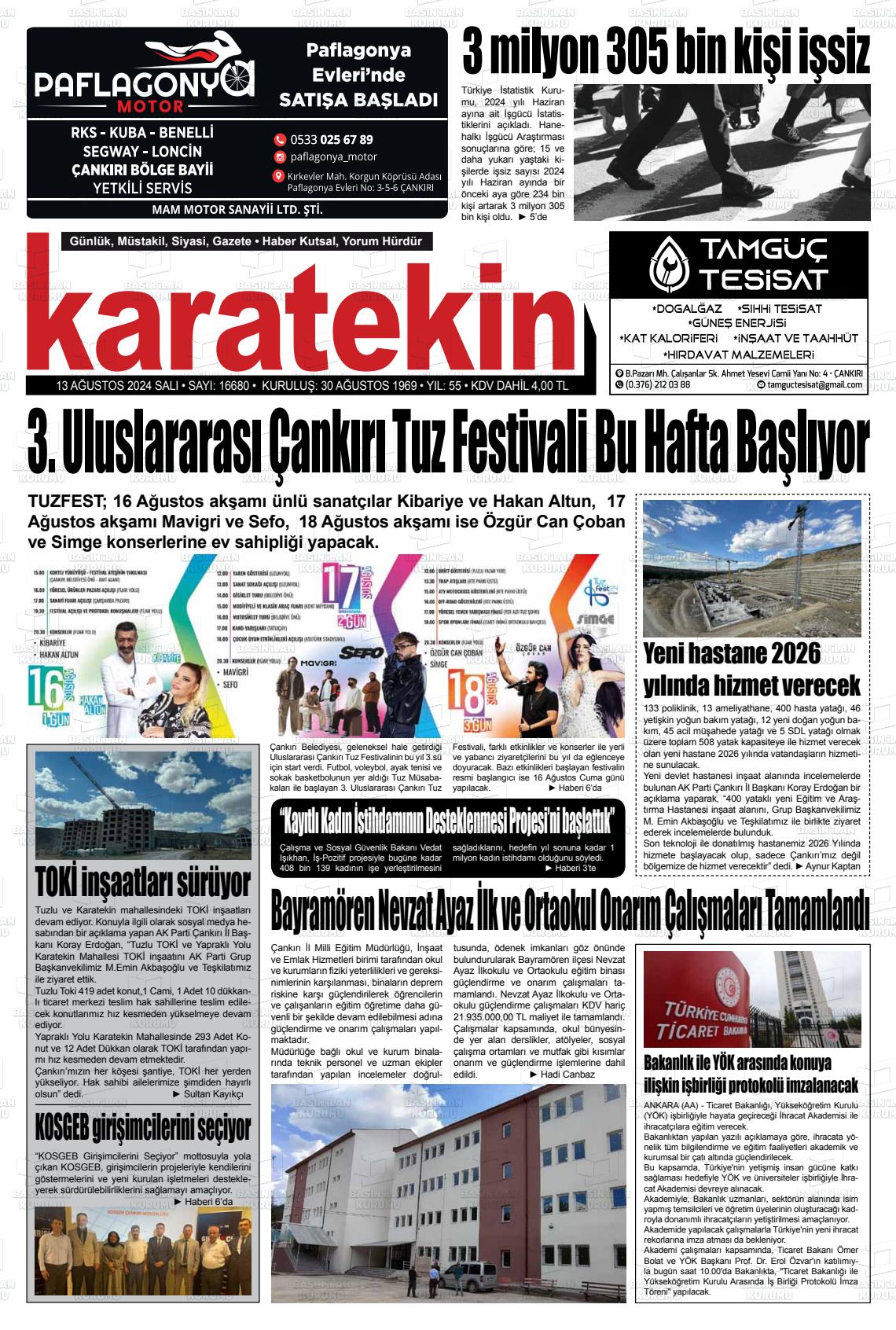 13 Ağustos 2024 Karatekin Gazete Manşeti