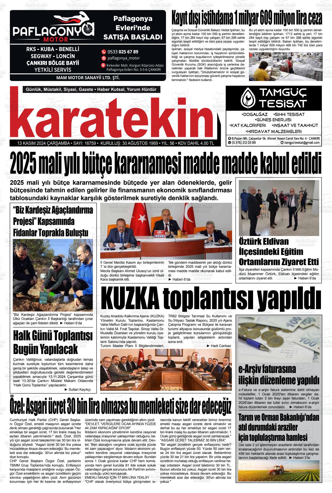 13 Kasım 2024 Karatekin Gazete Manşeti