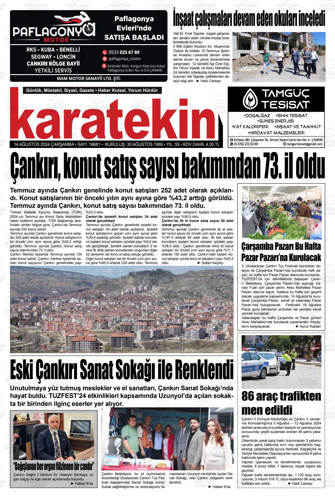 14 Ağustos 2024 Karatekin Gazete Manşeti