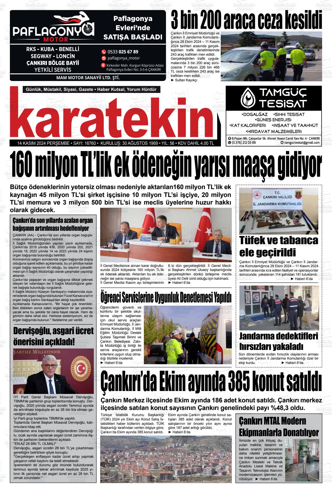 14 Kasım 2024 Karatekin Gazete Manşeti