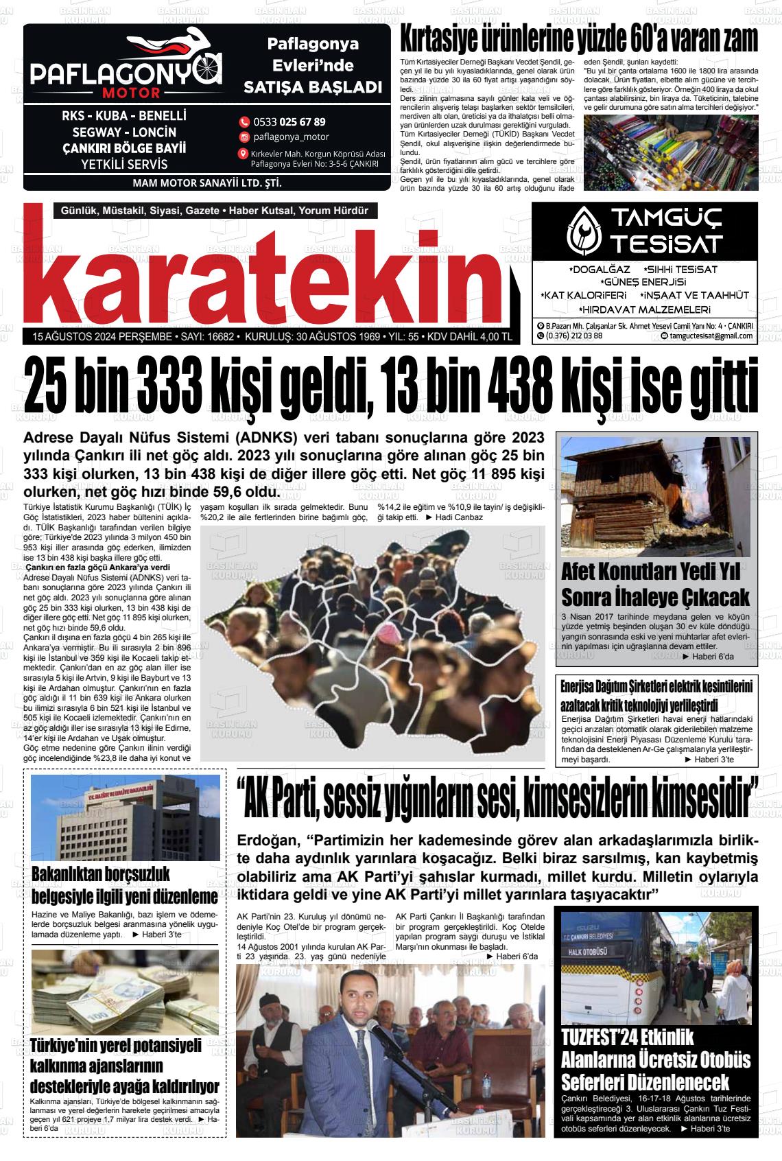 15 Ağustos 2024 Karatekin Gazete Manşeti