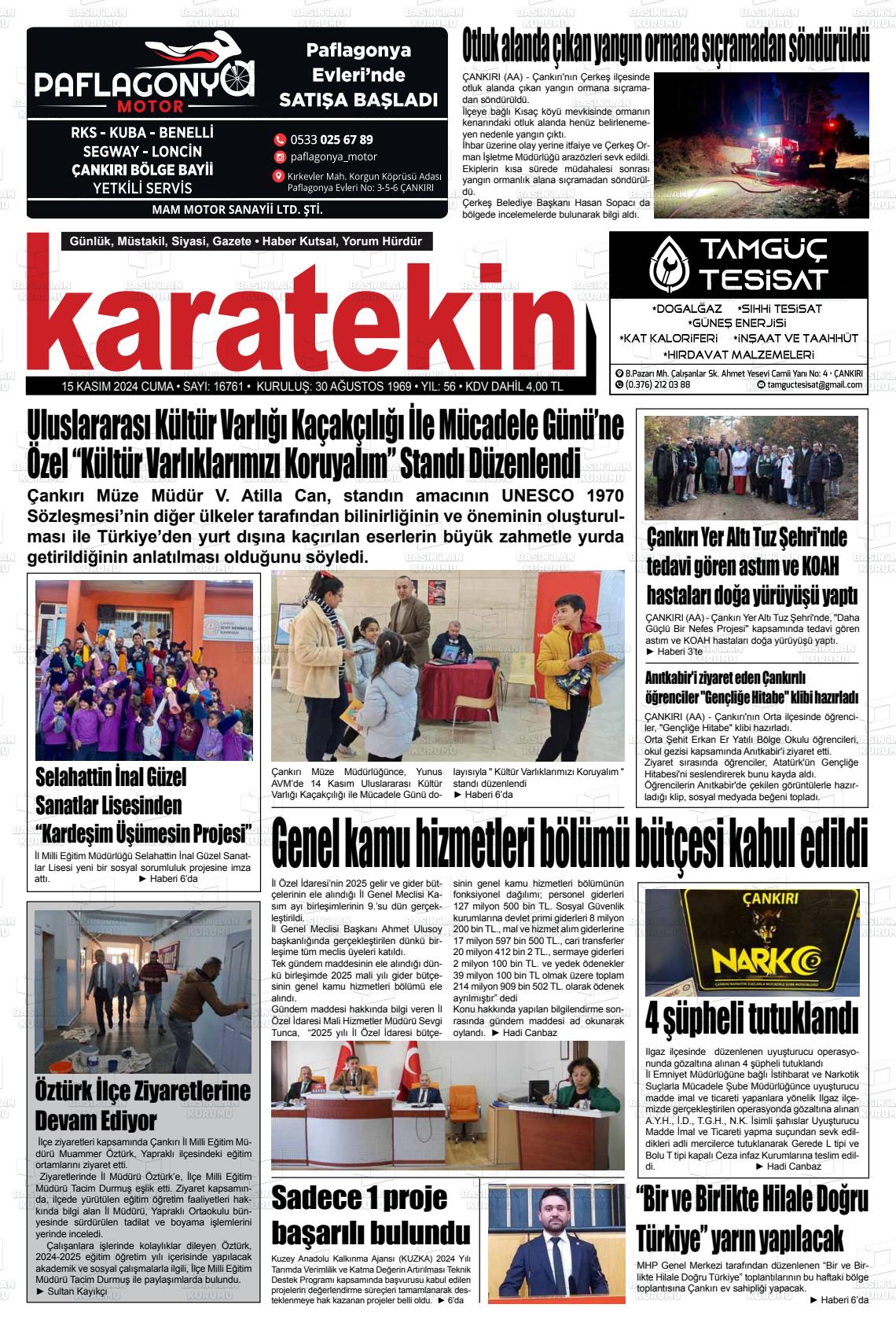 15 Kasım 2024 Karatekin Gazete Manşeti