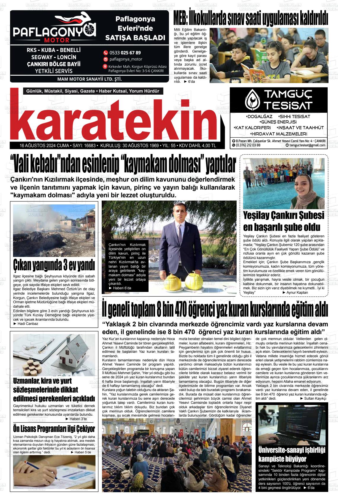 16 Ağustos 2024 Karatekin Gazete Manşeti