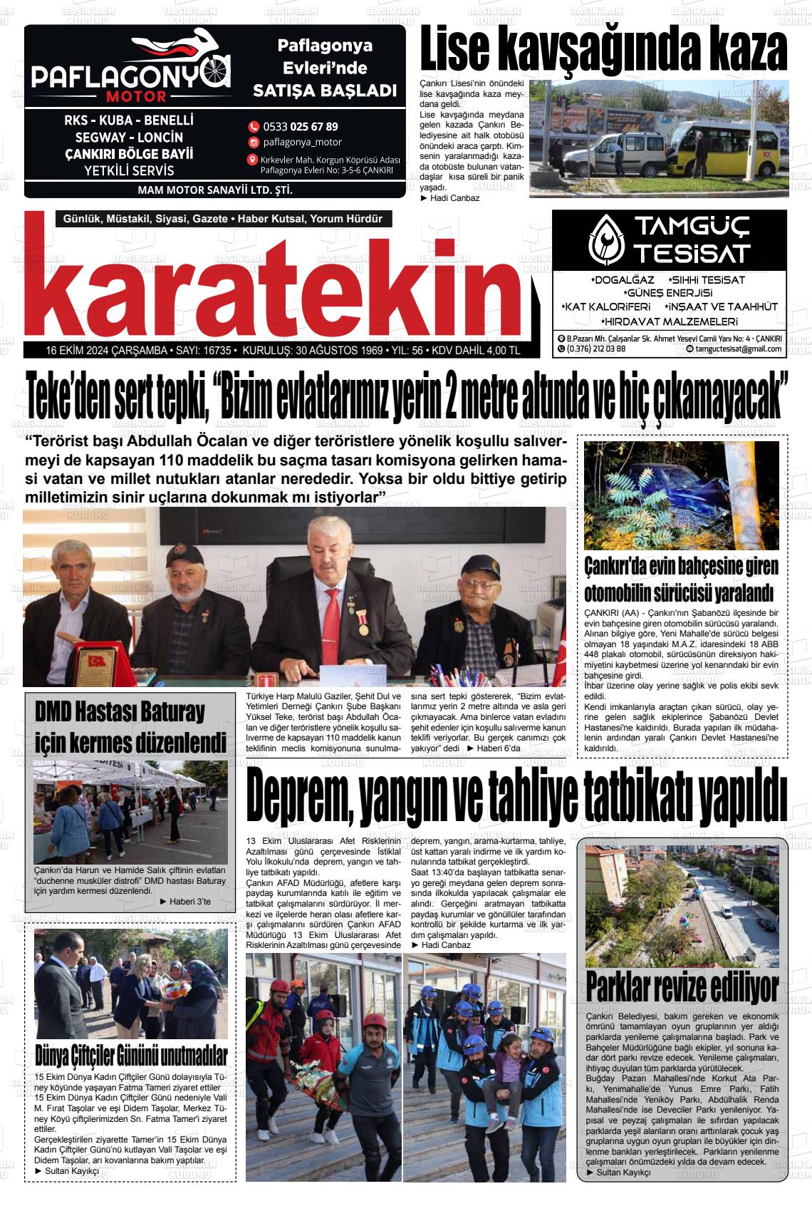 16 Ekim 2024 Karatekin Gazete Manşeti