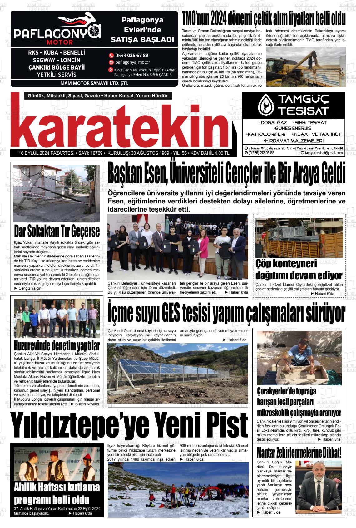 16 Eylül 2024 Karatekin Gazete Manşeti