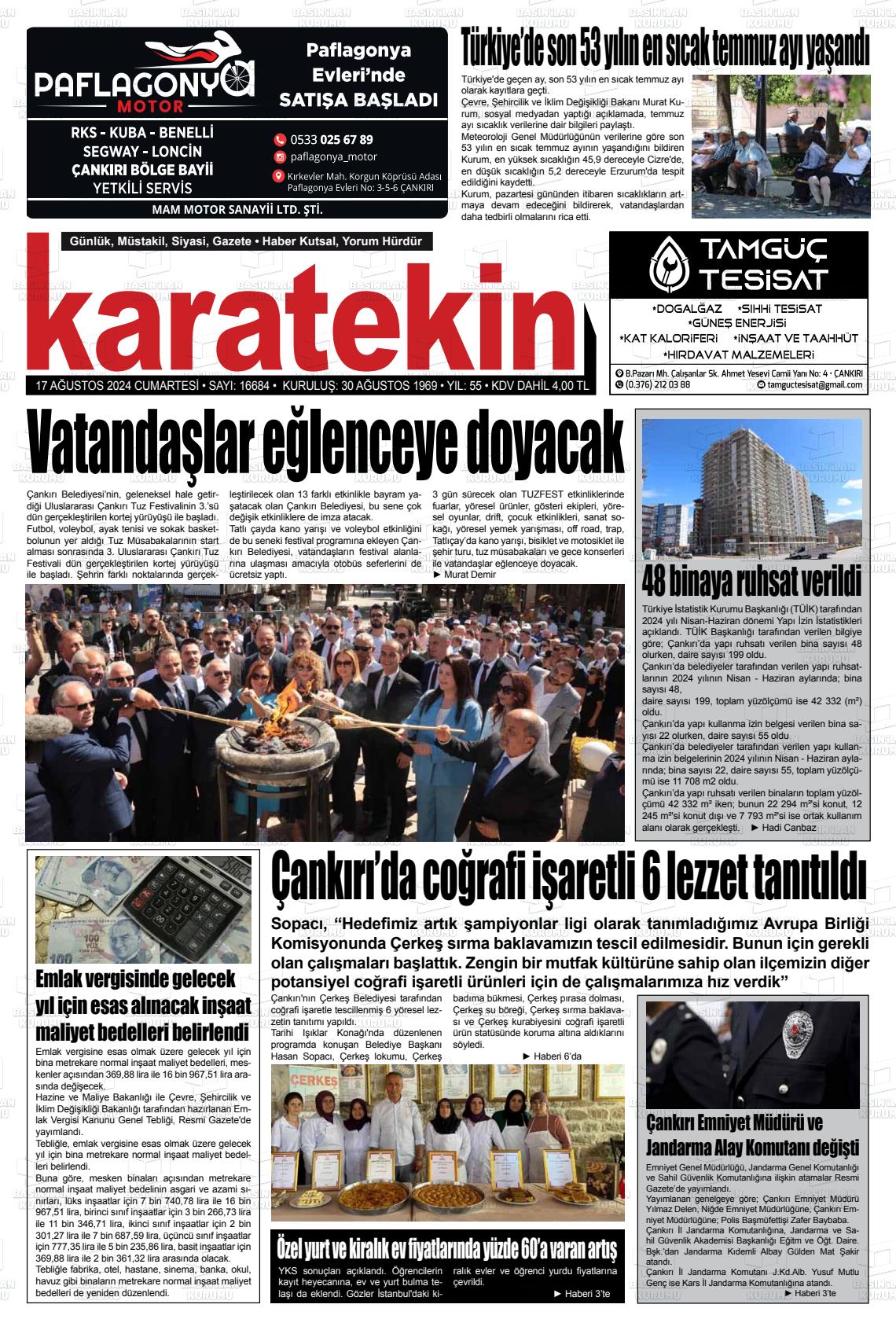 17 Ağustos 2024 Karatekin Gazete Manşeti