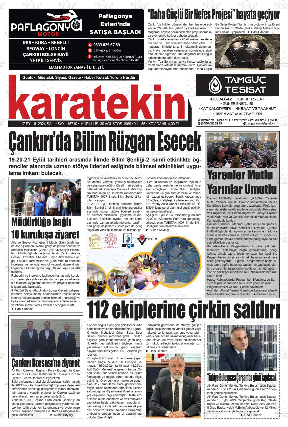 17 Eylül 2024 Karatekin Gazete Manşeti