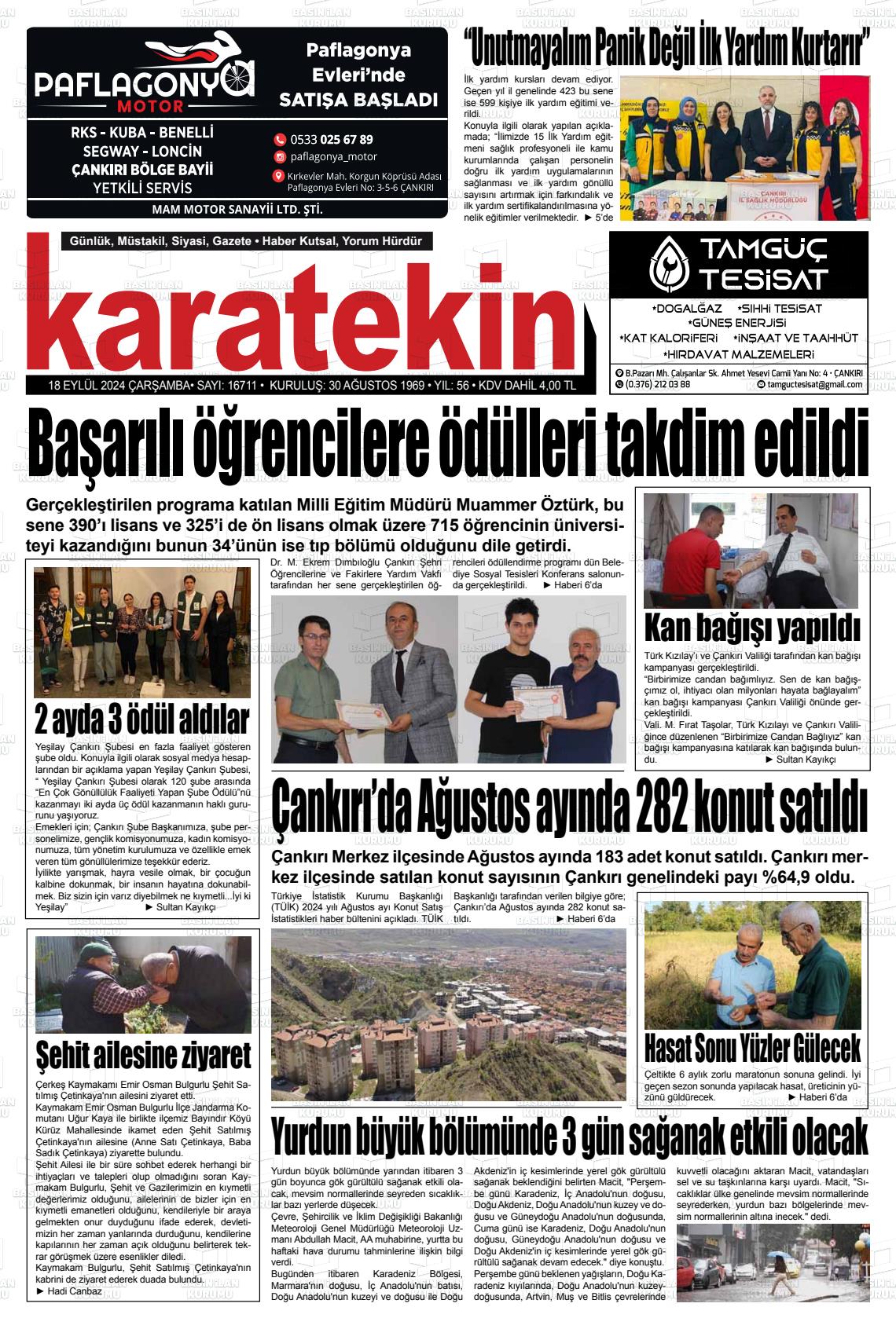 18 Eylül 2024 Karatekin Gazete Manşeti