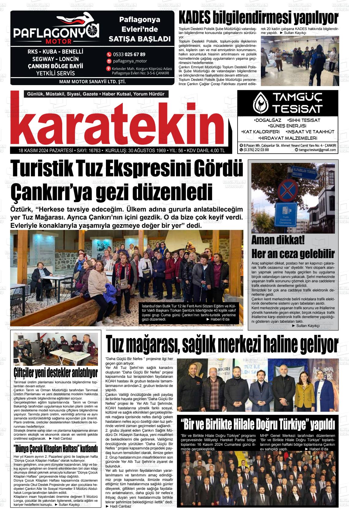 18 Kasım 2024 Karatekin Gazete Manşeti