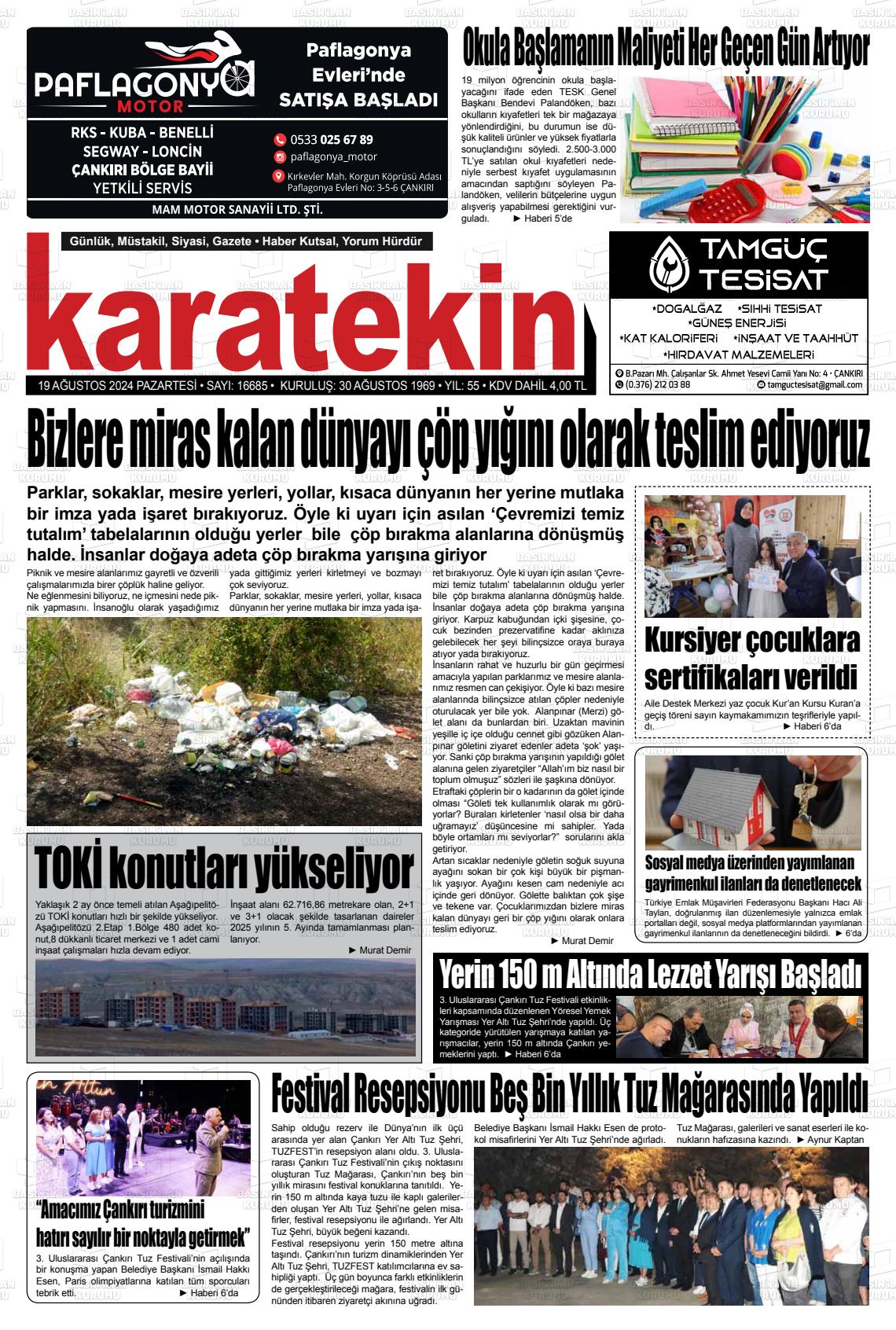 19 Ağustos 2024 Karatekin Gazete Manşeti