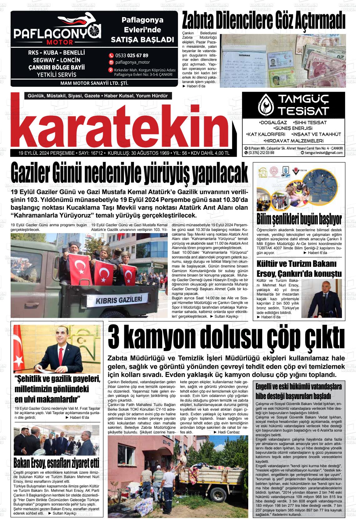 19 Eylül 2024 Karatekin Gazete Manşeti