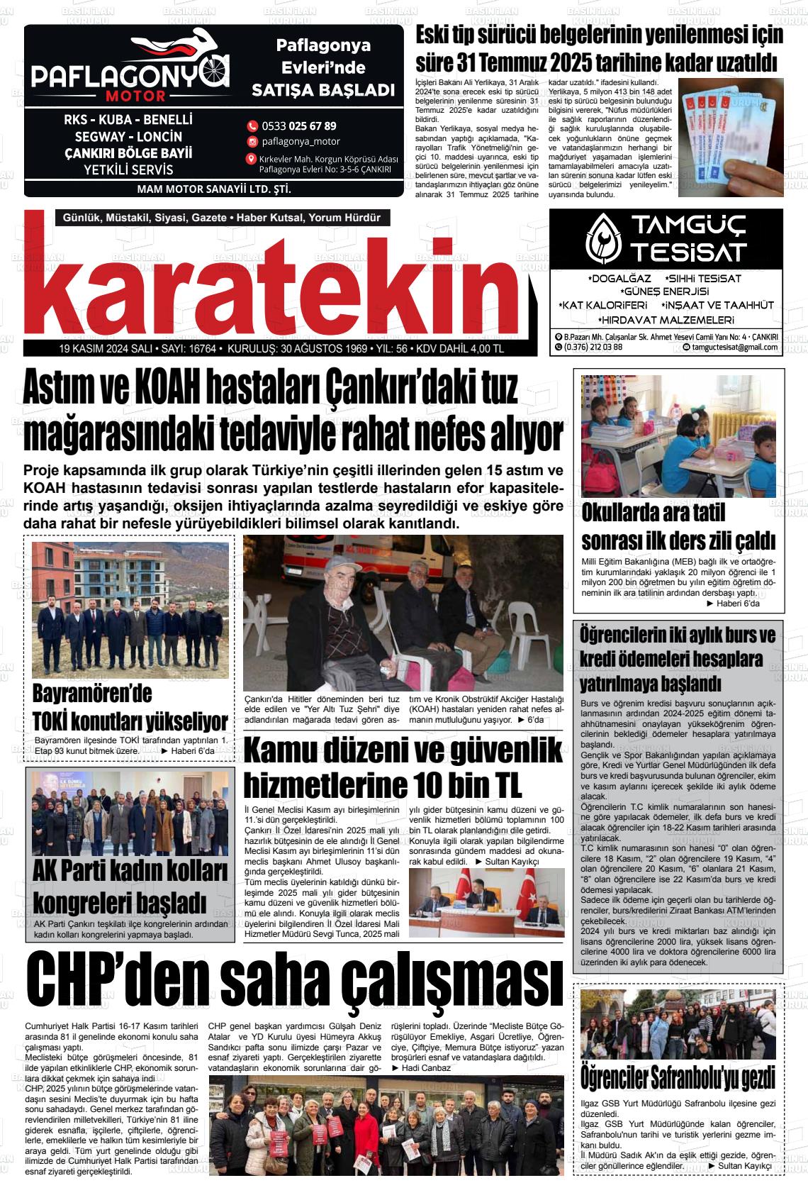 19 Kasım 2024 Karatekin Gazete Manşeti