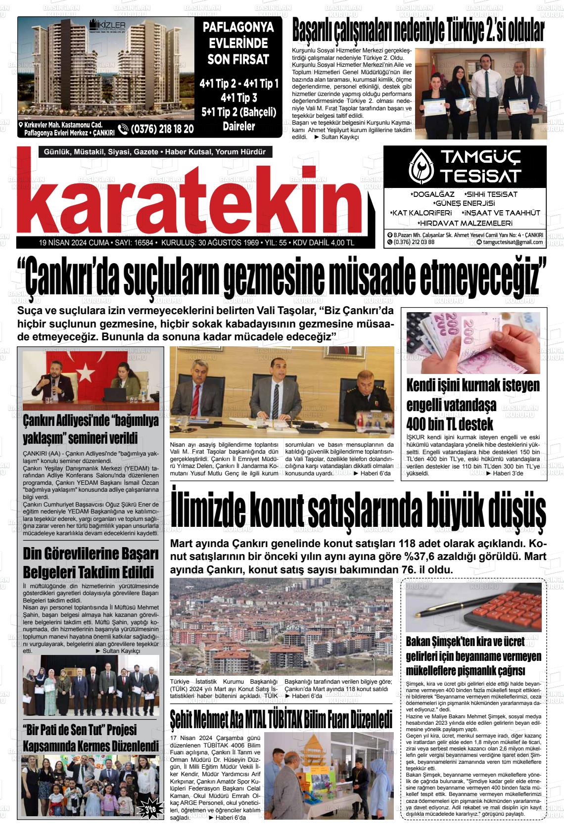 19 Nisan 2024 Karatekin Gazete Manşeti