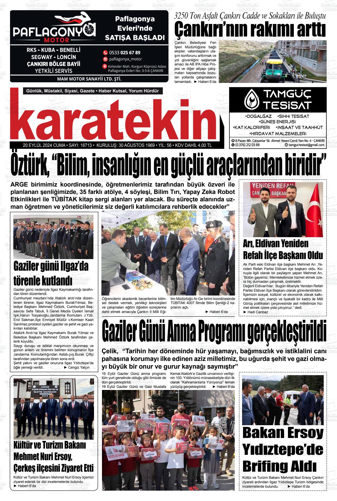 20 Eylül 2024 Karatekin Gazete Manşeti