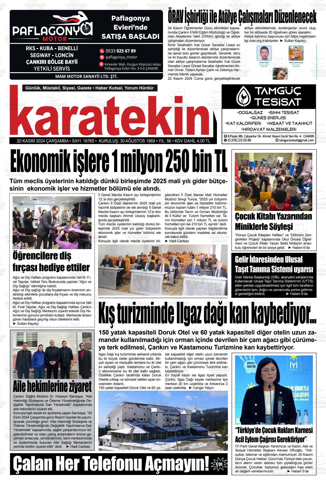 20 Kasım 2024 Karatekin Gazete Manşeti