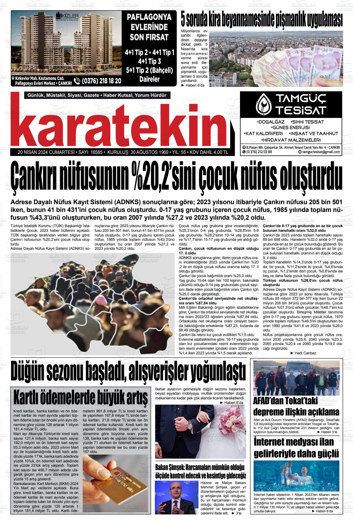 20 Nisan 2024 Karatekin Gazete Manşeti