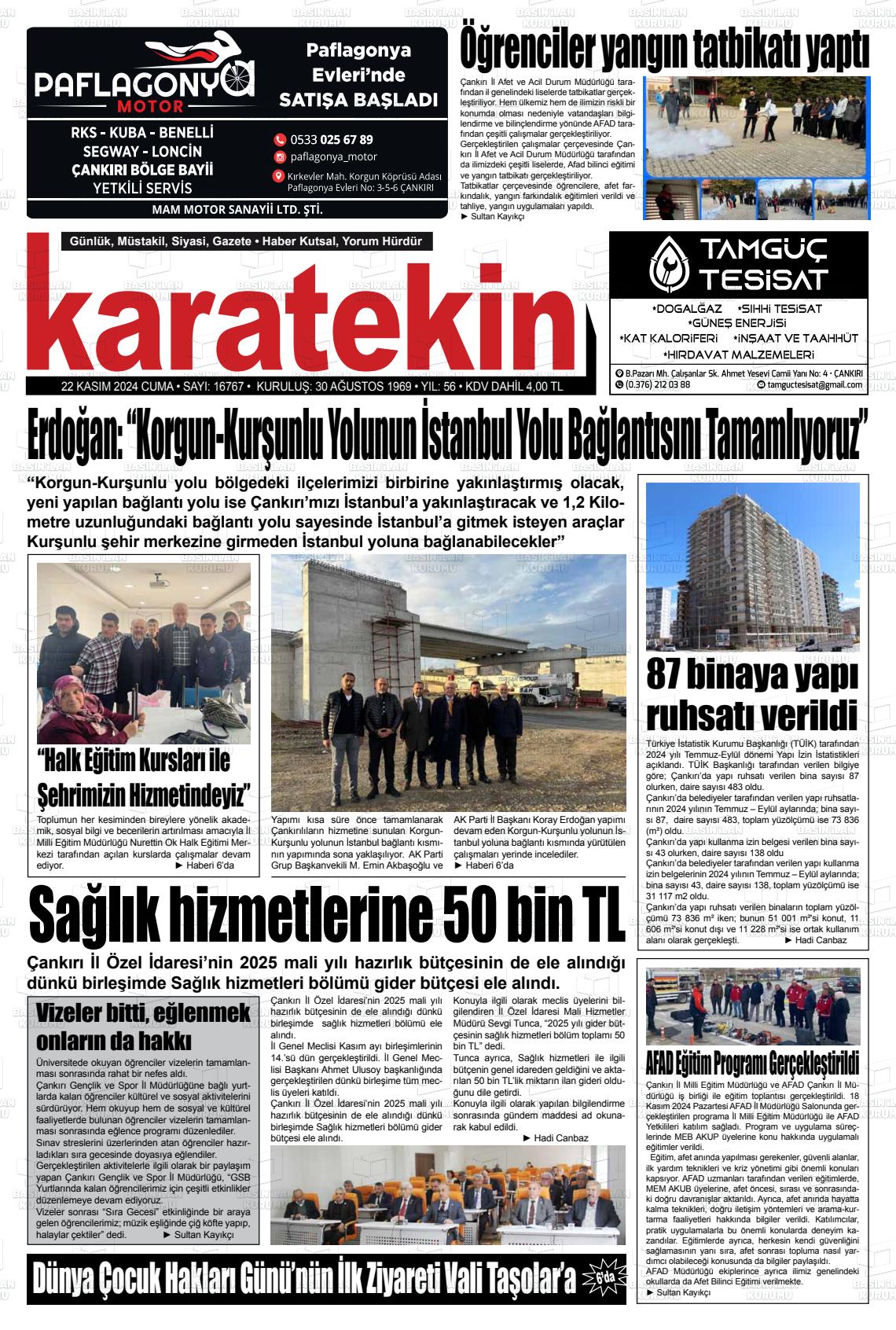 22 Kasım 2024 Karatekin Gazete Manşeti