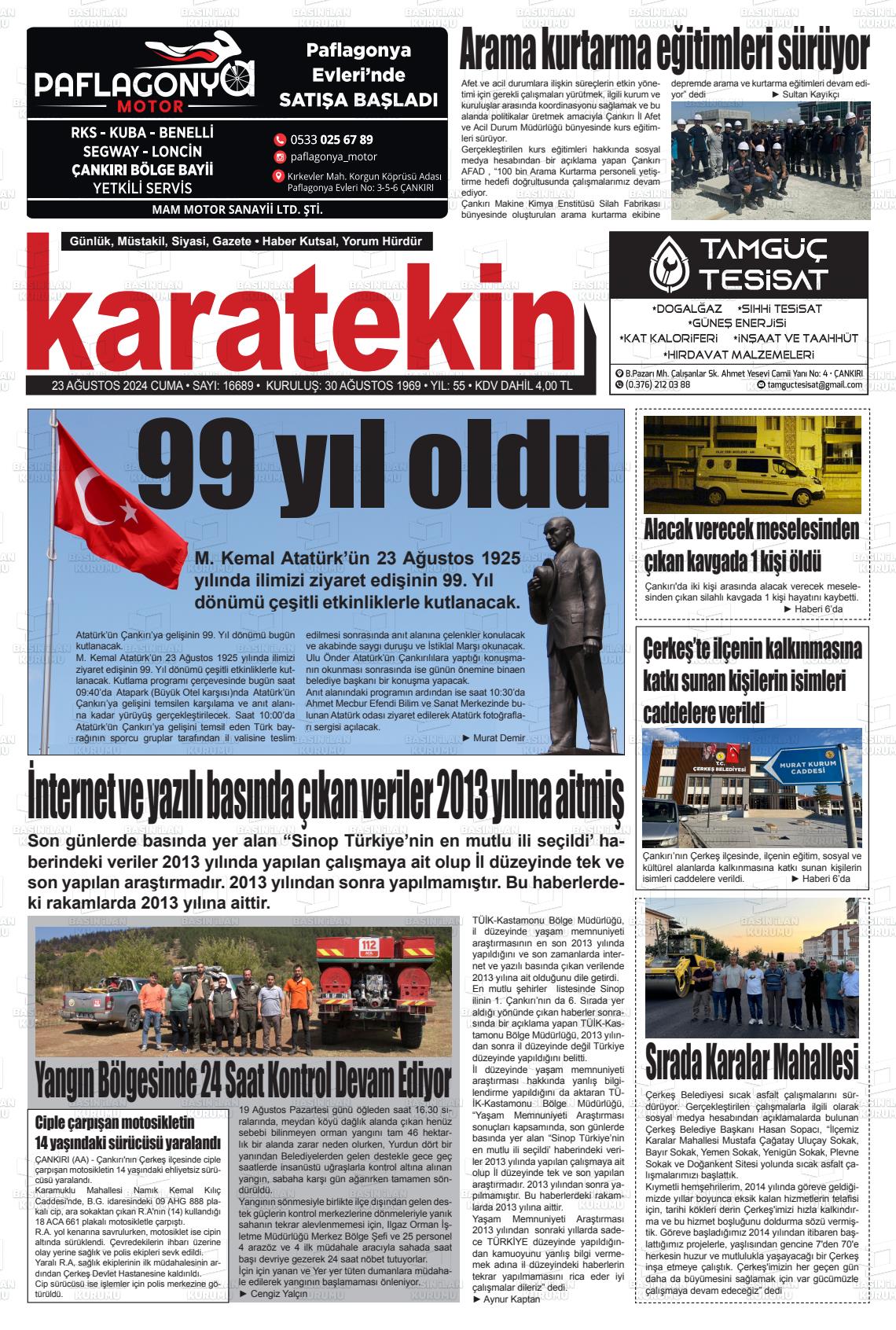 23 Ağustos 2024 Karatekin Gazete Manşeti