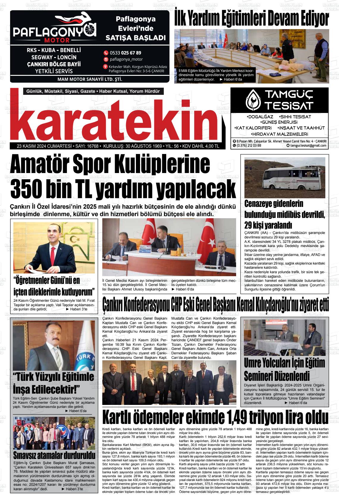 23 Kasım 2024 Karatekin Gazete Manşeti