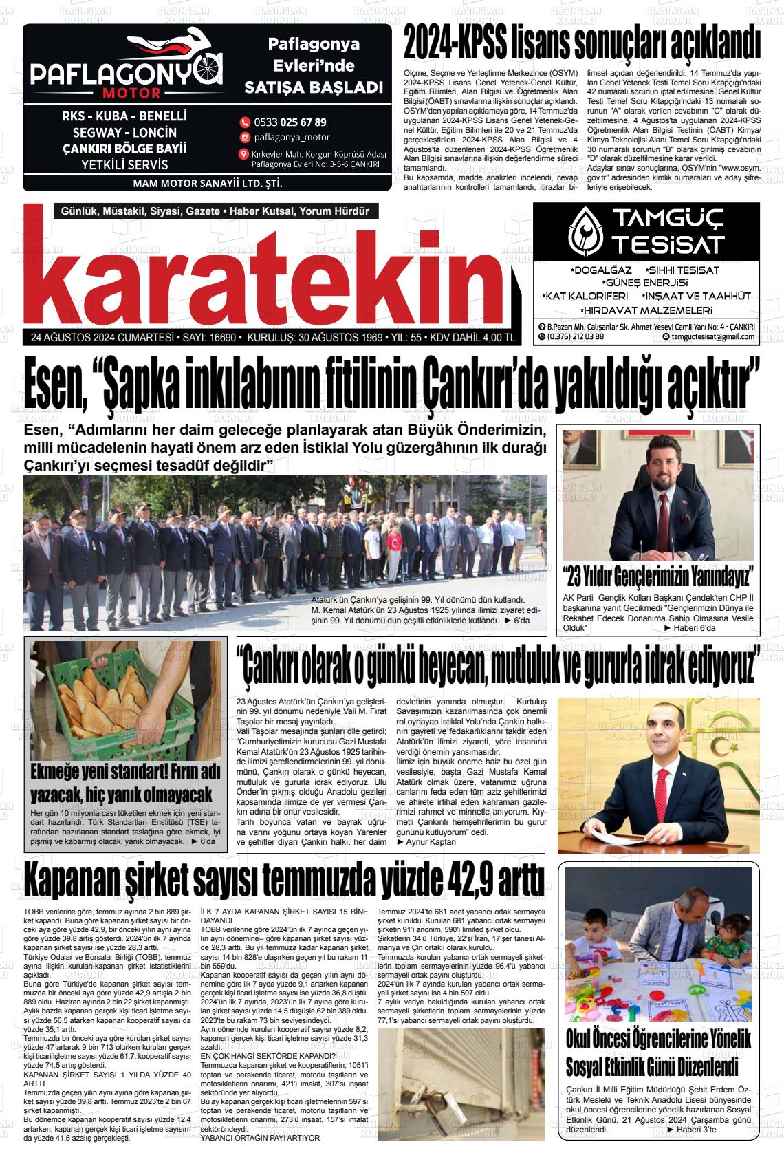 24 Ağustos 2024 Karatekin Gazete Manşeti