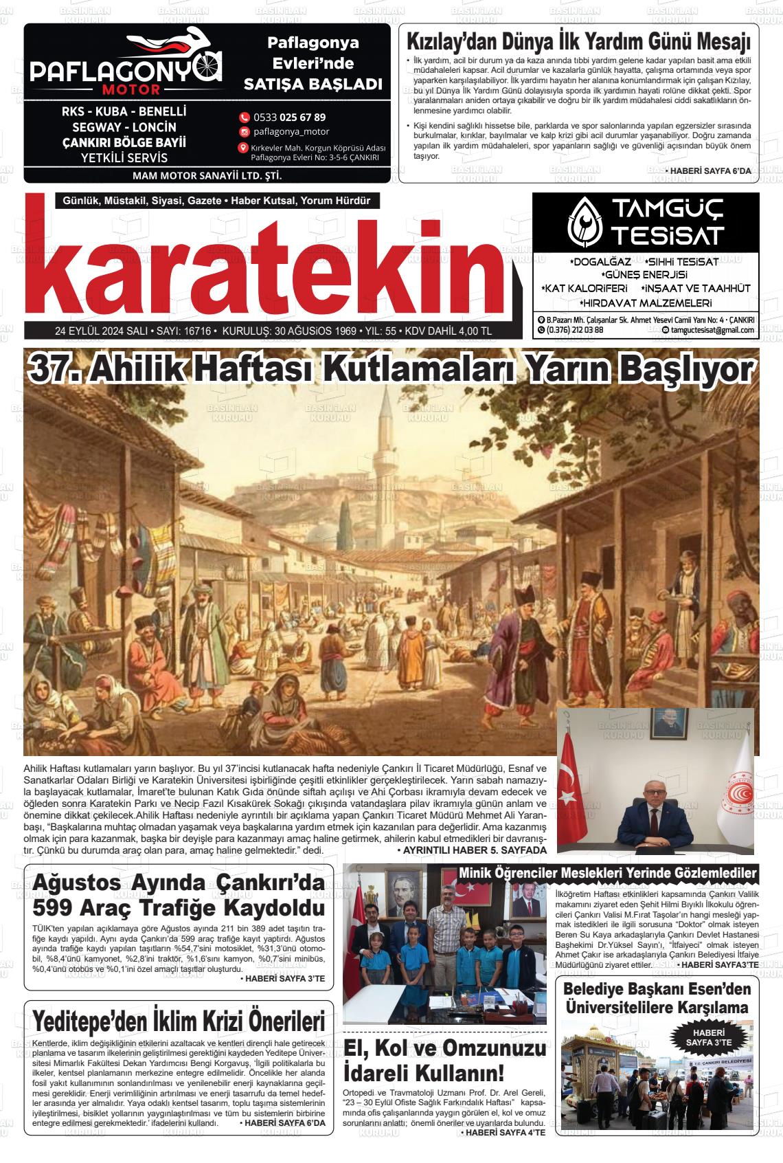 24 Eylül 2024 Karatekin Gazete Manşeti