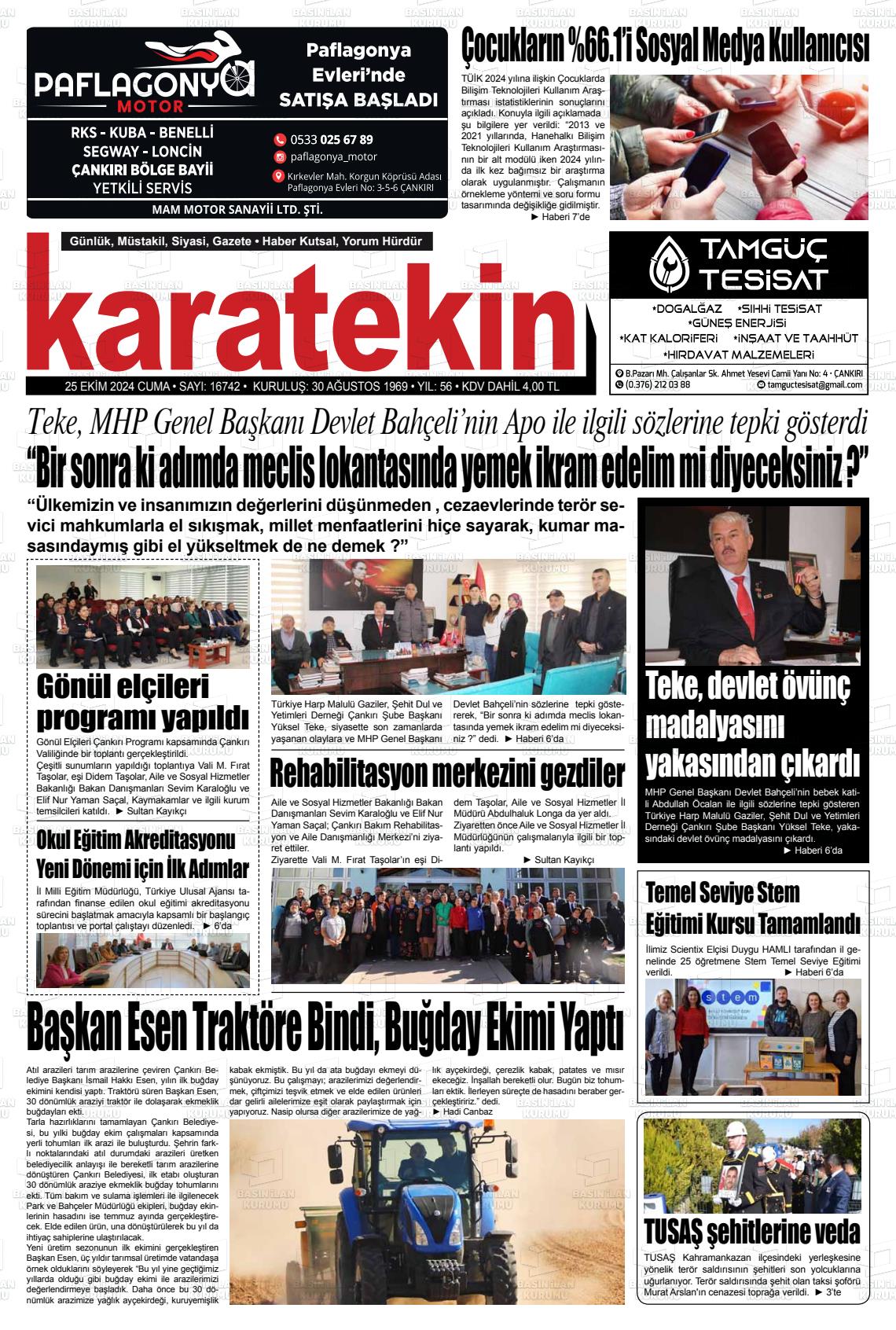 25 Ekim 2024 Karatekin Gazete Manşeti