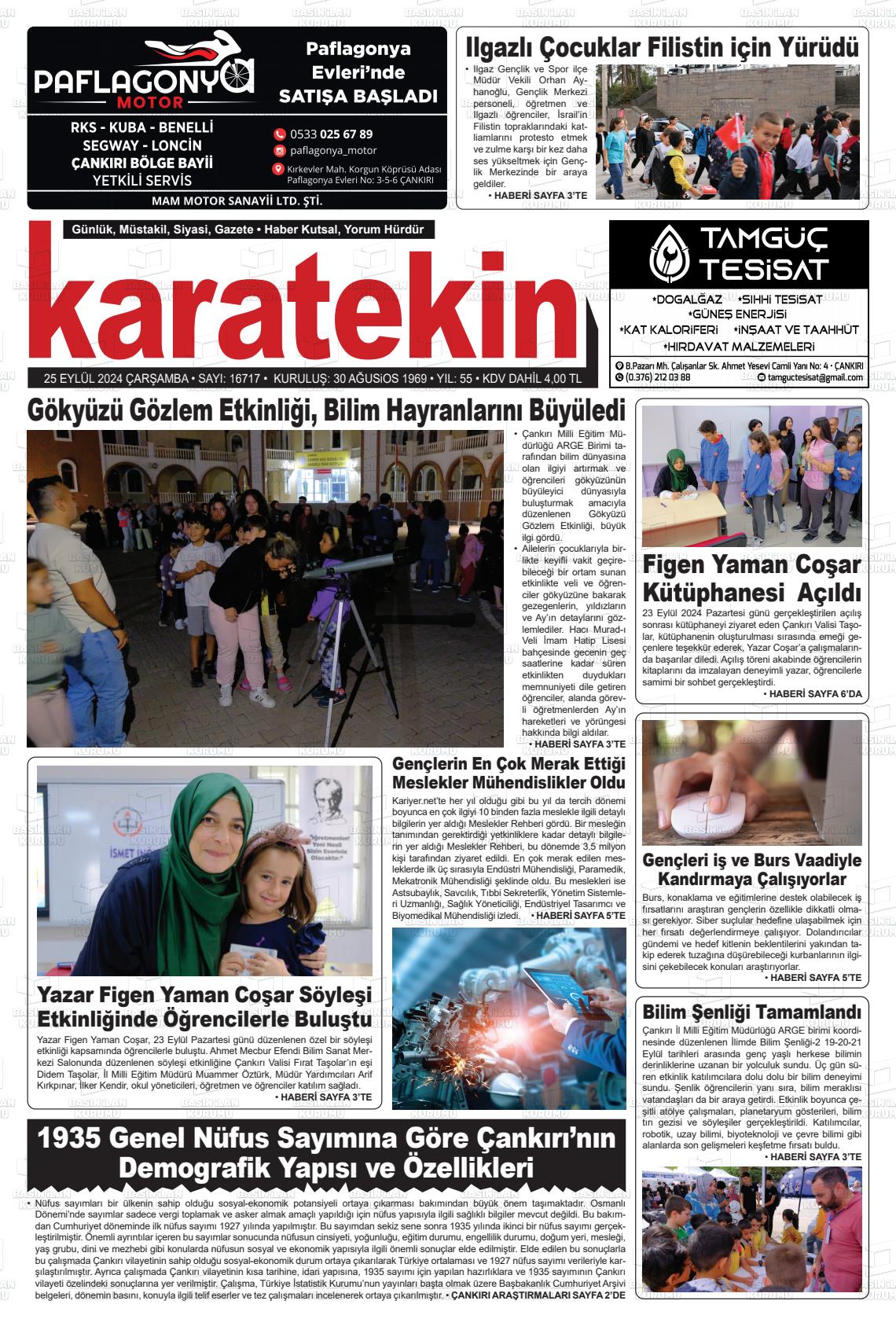 25 Eylül 2024 Karatekin Gazete Manşeti