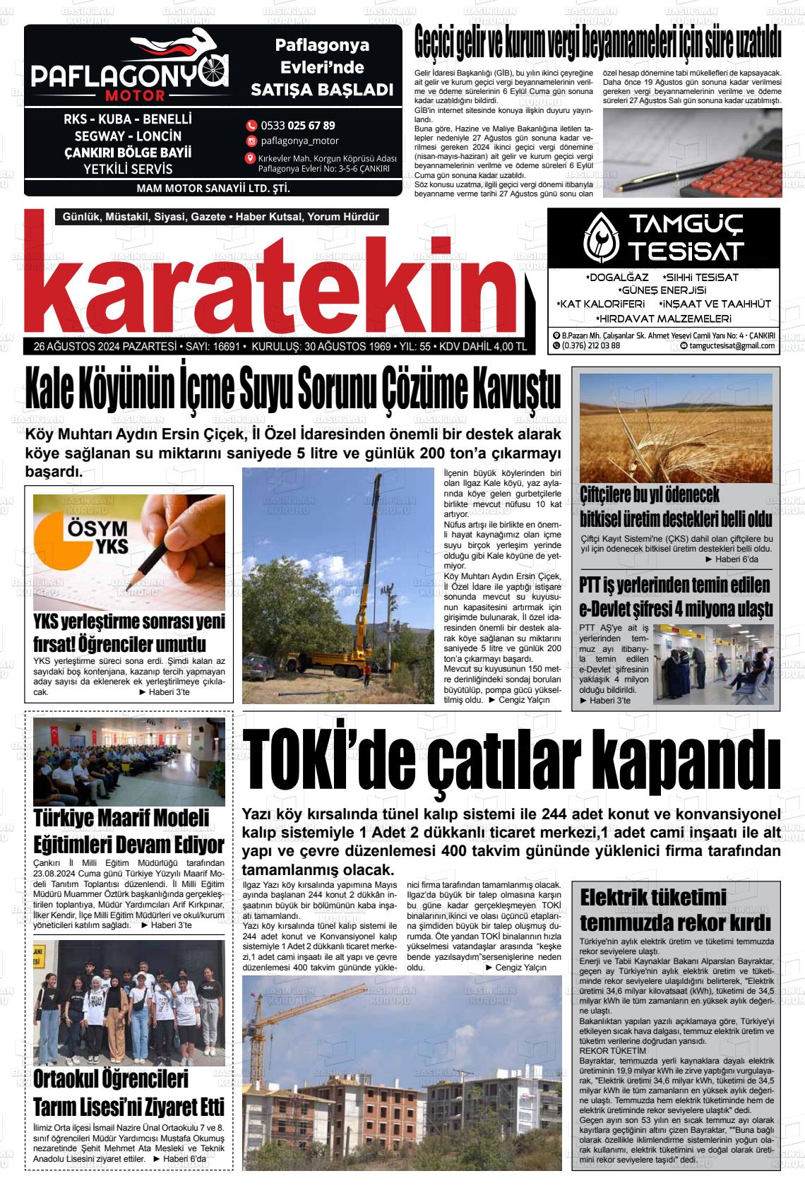 26 Ağustos 2024 Karatekin Gazete Manşeti