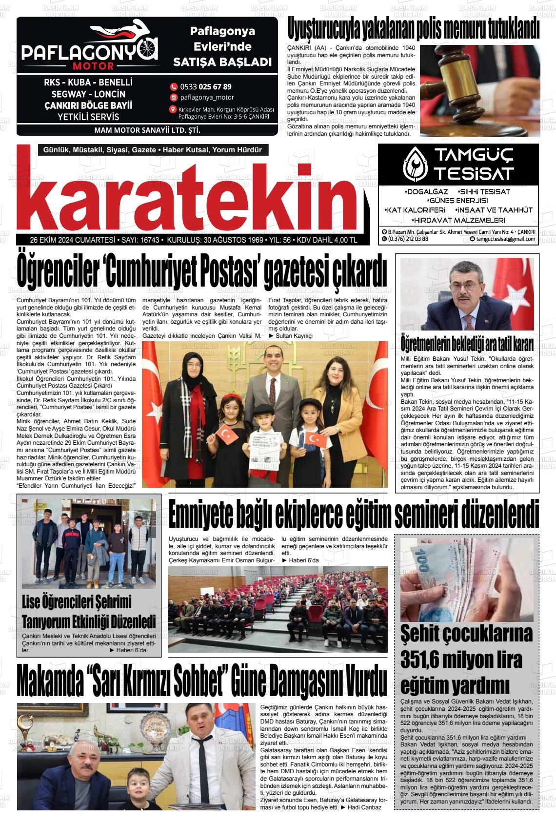 26 Ekim 2024 Karatekin Gazete Manşeti